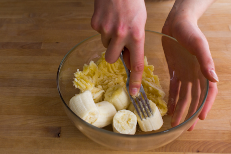 Mashing bananas for the Hummingbird cake