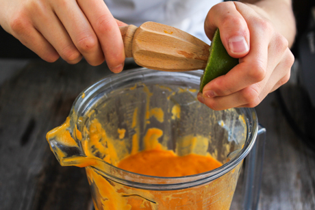 9. Transfer the soup to a blender (while still hot) and add the sugar and lime juice. Blend the soup until it is a thick mixture. Serve with some freshly toasted pumpkin seeds and enjoy. 